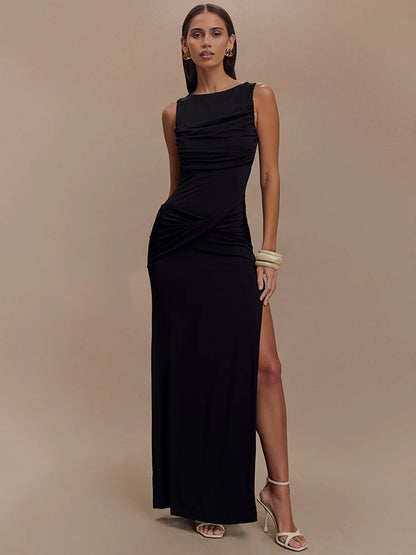 Women's Backless Ruched Maxi Dress with Thigh-High Split