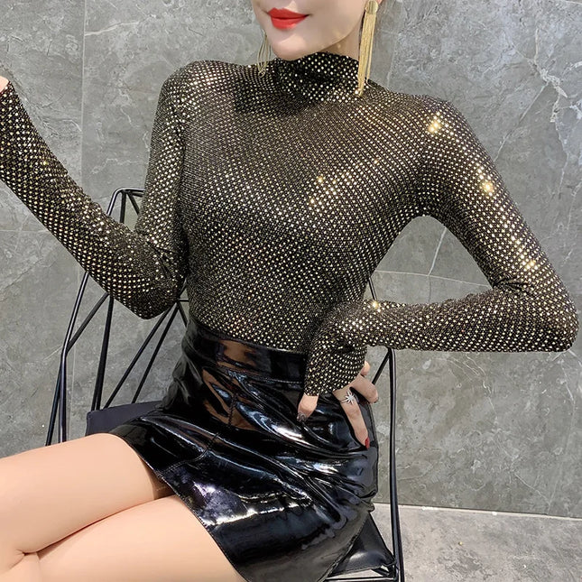 Shiny Sequin Turtleneck Sweater for Women - Long Sleeve Slim Fit Sequin Top