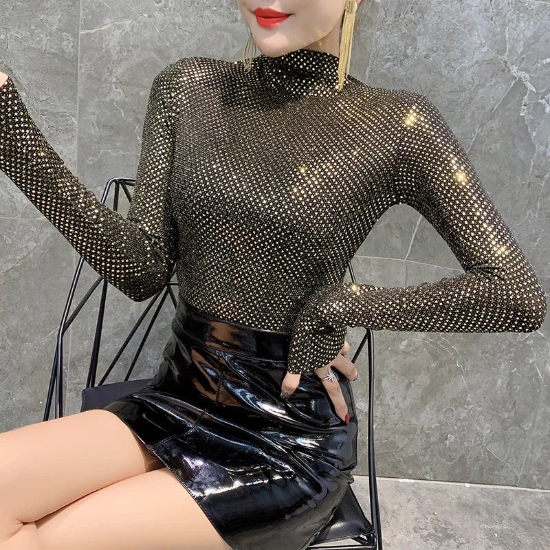 Shiny Sequin Turtleneck Sweater for Women - Long Sleeve Slim Fit Sequin Top