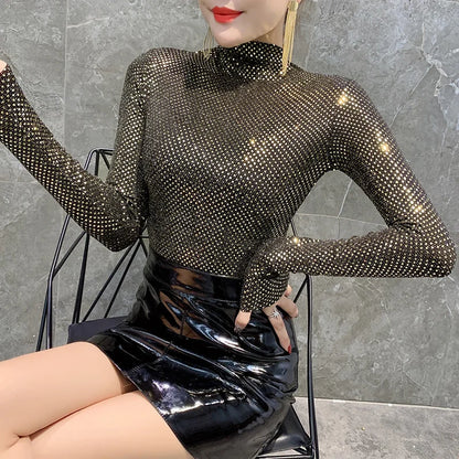 Shiny Sequin Turtleneck Sweater for Women - Long Sleeve Slim Fit Sequin Top