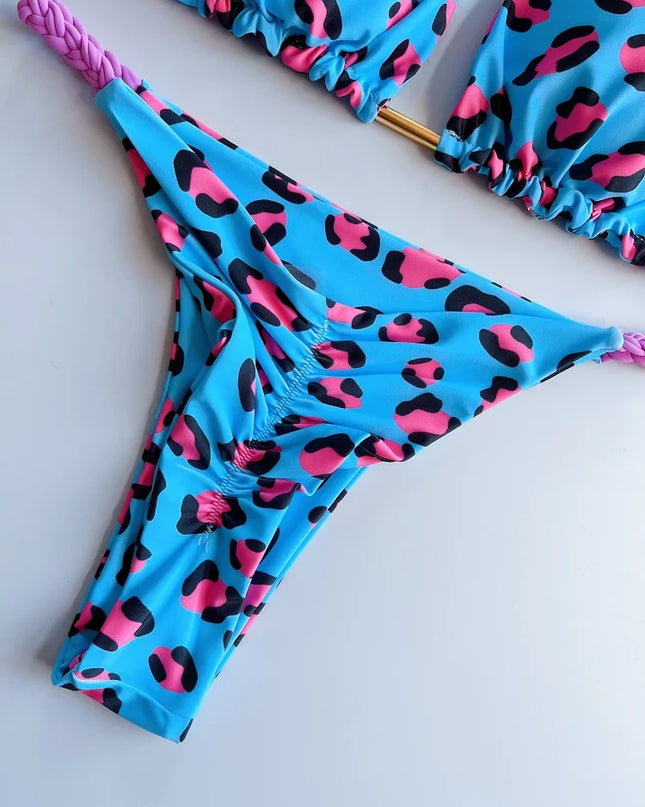 Leopard Print Brazilian Bikini with Braided Rope for Women