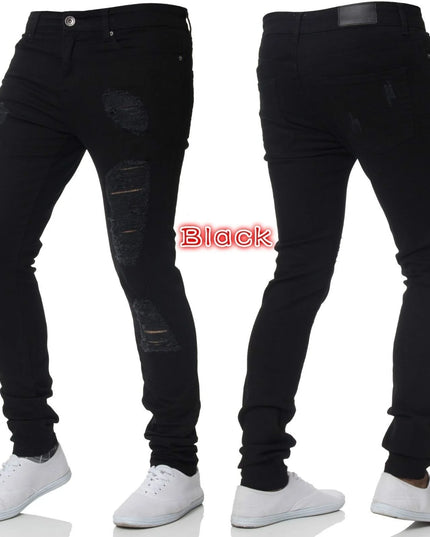 Men's Skinny Slim Fit Ripped Denim Jeans with Stretch, Hole & Patchwork Design