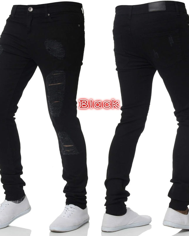 Men's Skinny Slim Fit Ripped Denim Jeans with Stretch, Hole & Patchwork Design