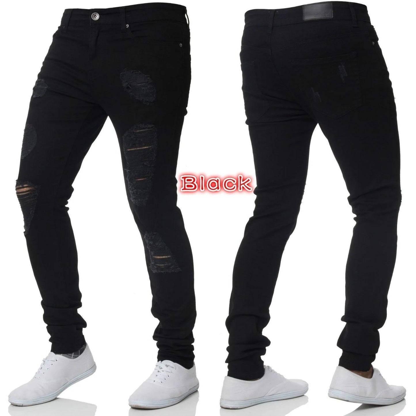 Men's Skinny Slim Fit Ripped Denim Jeans with Stretch, Hole & Patchwork Design