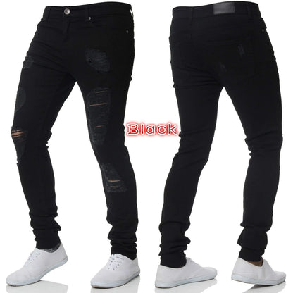 Men's Skinny Slim Fit Ripped Denim Jeans with Stretch, Hole & Patchwork Design