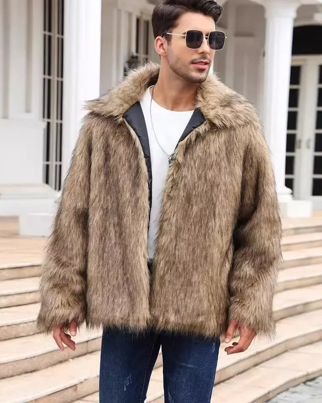 Men's Thick Fluffy Faux Fur Coat with Long Sleeves