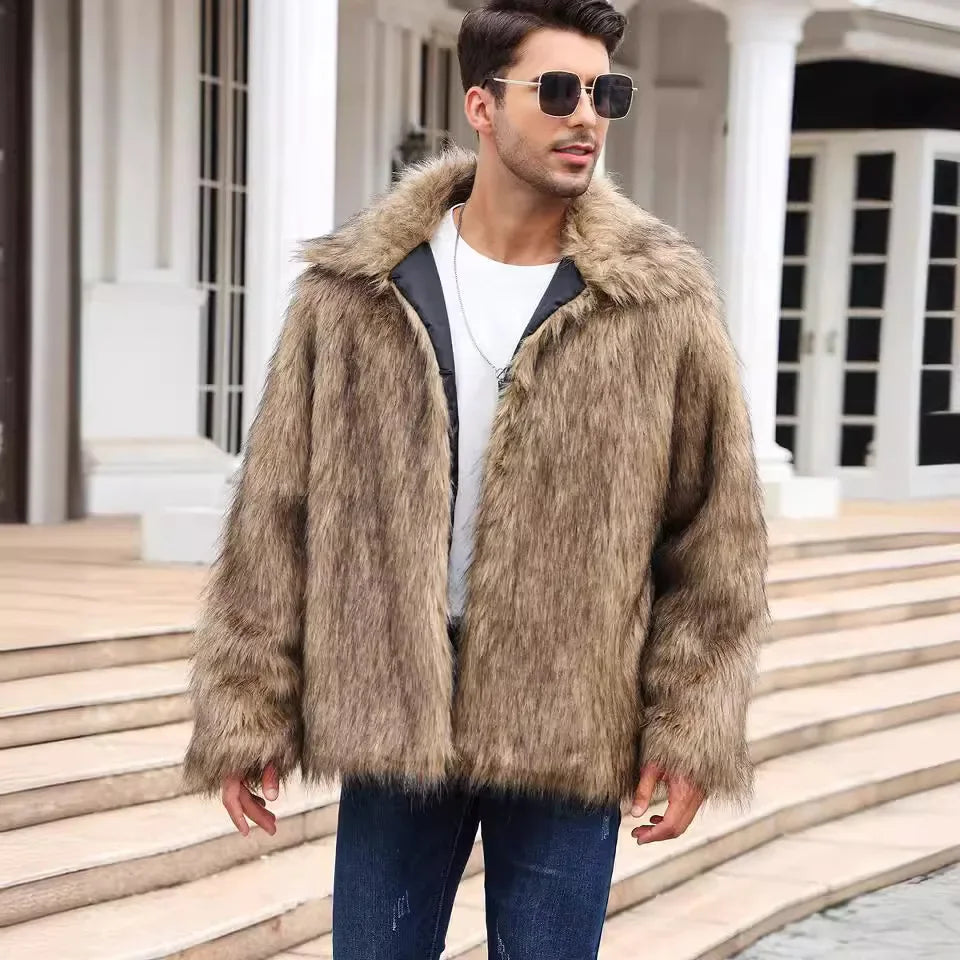 Men's Thick Fluffy Faux Fur Coat with Long Sleeves
