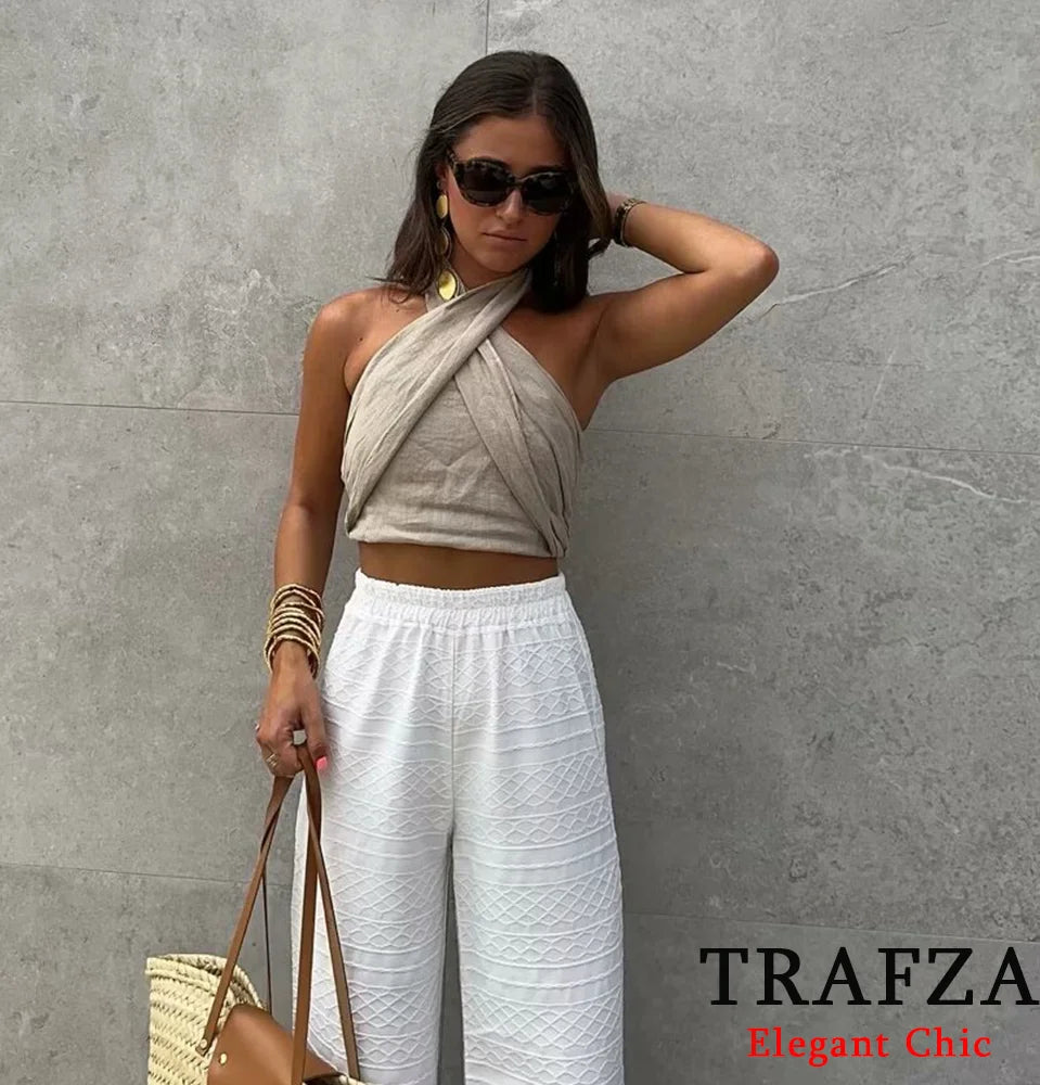 TRAFZA Women's Halter Neck Crossover 2-Piece Camisole and Pants Set