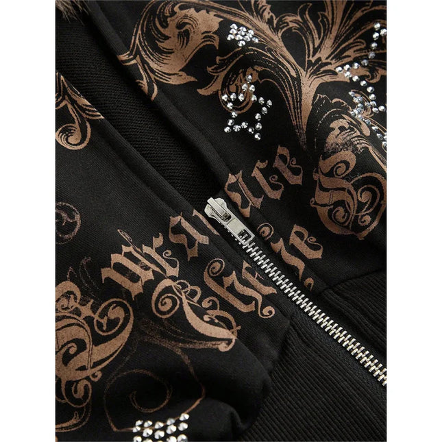 Gothic Print Women's Faux Fur Crop Zip-Up Hoodie Jacket