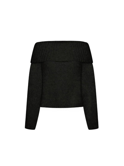 Women's Black Off-Shoulder Ribbed Knit Long Sleeve Slim Fit Casual Cropped Sweater