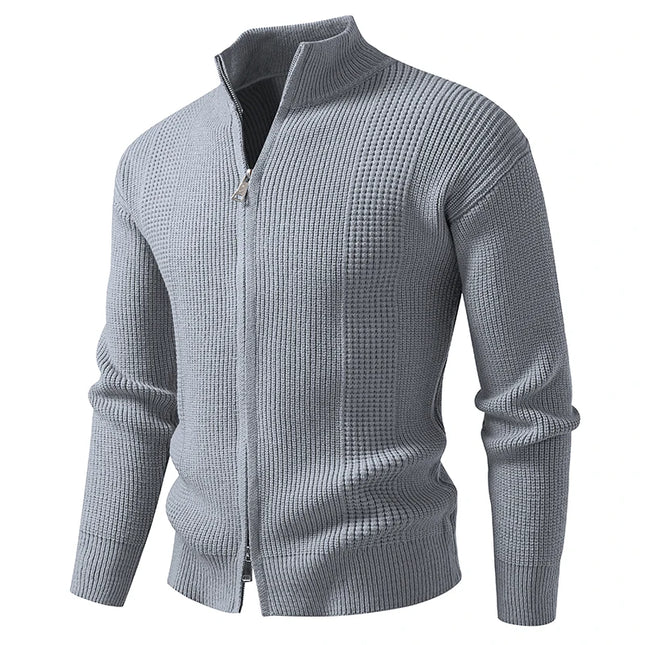 Men's Slim Knit Sweater Jacket with Stand Collar and Zipper