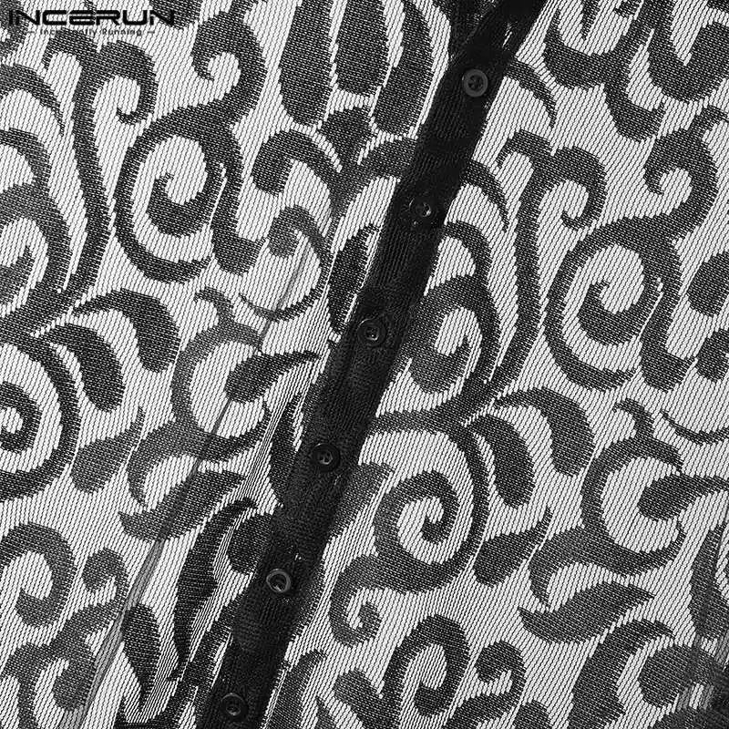 Incerun Men's Short Sleeve Shirt with Lace Lapel and Transparent Design