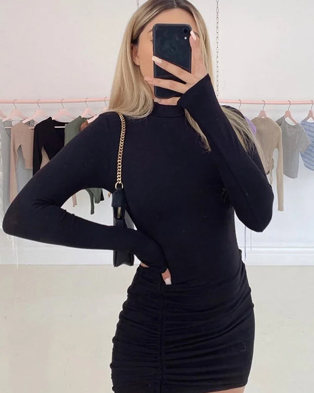 Women's Long-Sleeved Drawstring Dress with Pleated Waist and Hip Skirt