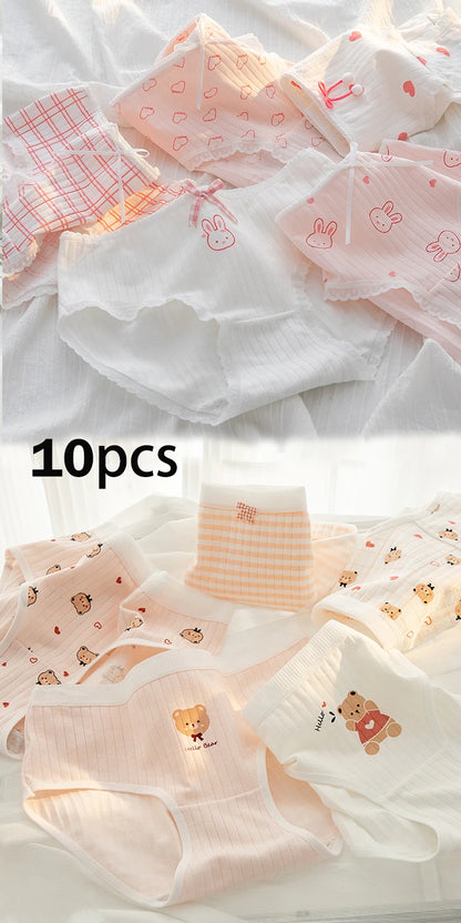 10Pcs Women's Cotton Panties – Comfortable Cartoon Print Underwear Set