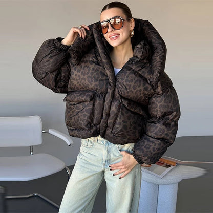 Women's Hooded Puffer Jacket with Stand Collar and Zipper Closure