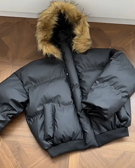 Women's Cotton-Padded Jacket with Faux Fur Collar and Hood