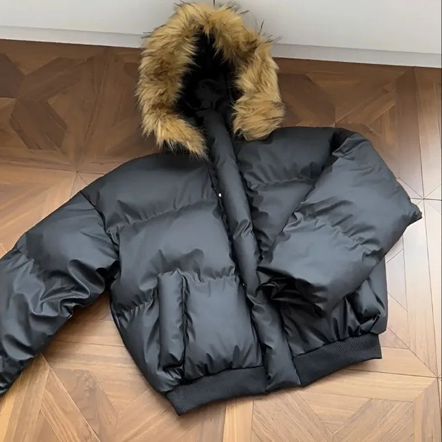 Women's Cotton-Padded Jacket with Faux Fur Collar and Hood