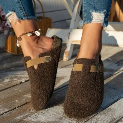 Women's Faux Fur Slippers with Buckle – Comfortable Flat Slip-Ons