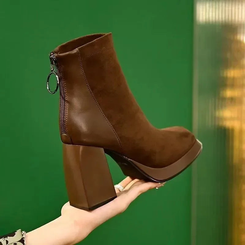 Women's Platform Short Boots – Casual Square Toe Chunky Heel