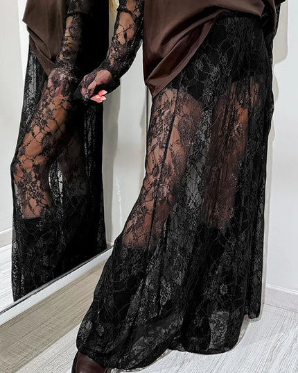 Elegant Jacquard Lace Sheer Maxi Skirt for Women with Elastic Waist and Transparent Design