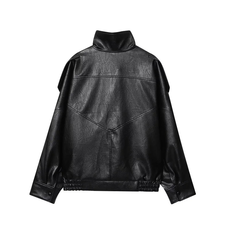 Women's Faux Leather Loose Jacket with Stand Collar and Zipper