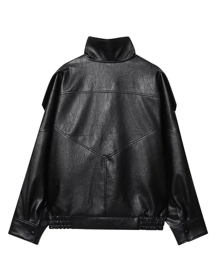 Women's Faux Leather Loose Jacket with Stand Collar and Zipper