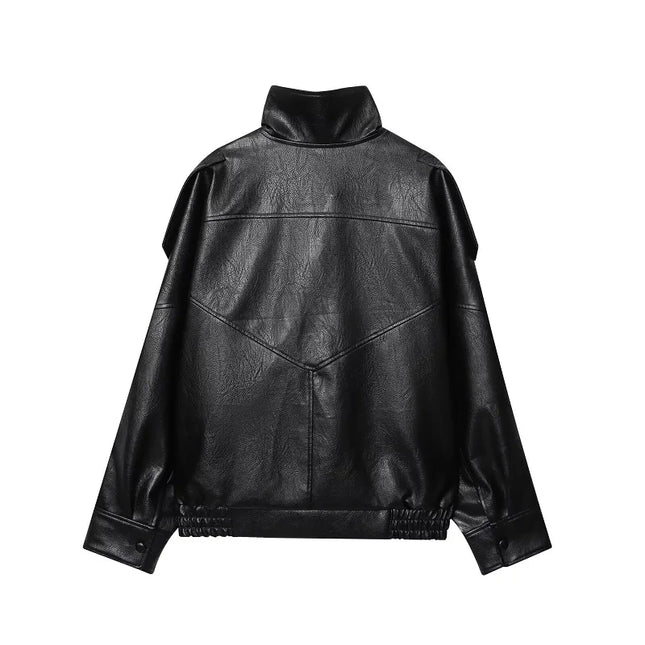 Women's Faux Leather Loose Jacket with Stand Collar and Zipper