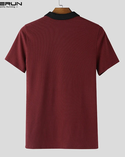Incerun Men's Knitted T-Shirt with Lapel, Short Sleeve, and Zipper