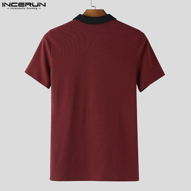 Incerun Men's Knitted T-Shirt with Lapel, Short Sleeve, and Zipper