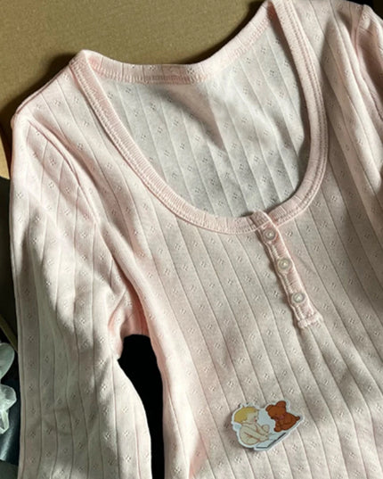 Women's Hollow Out Long Sleeve Round Neck Button-Up Slim Fit Cotton Sweater