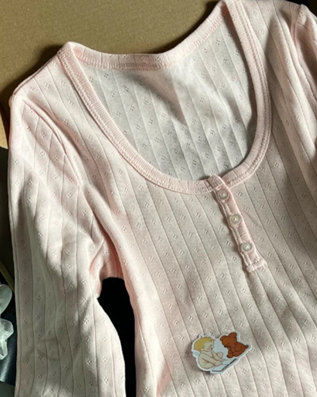 Women's Hollow Out Long Sleeve Round Neck Button-Up Slim Fit Cotton Sweater