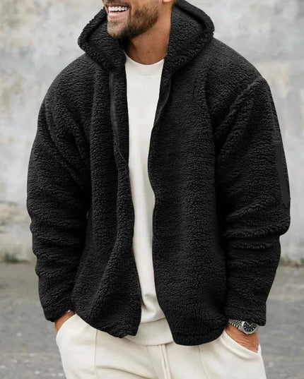 Men's Warm Plush Hooded Cardigan - Long Sleeve