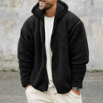 Men's Warm Plush Hooded Cardigan - Long Sleeve