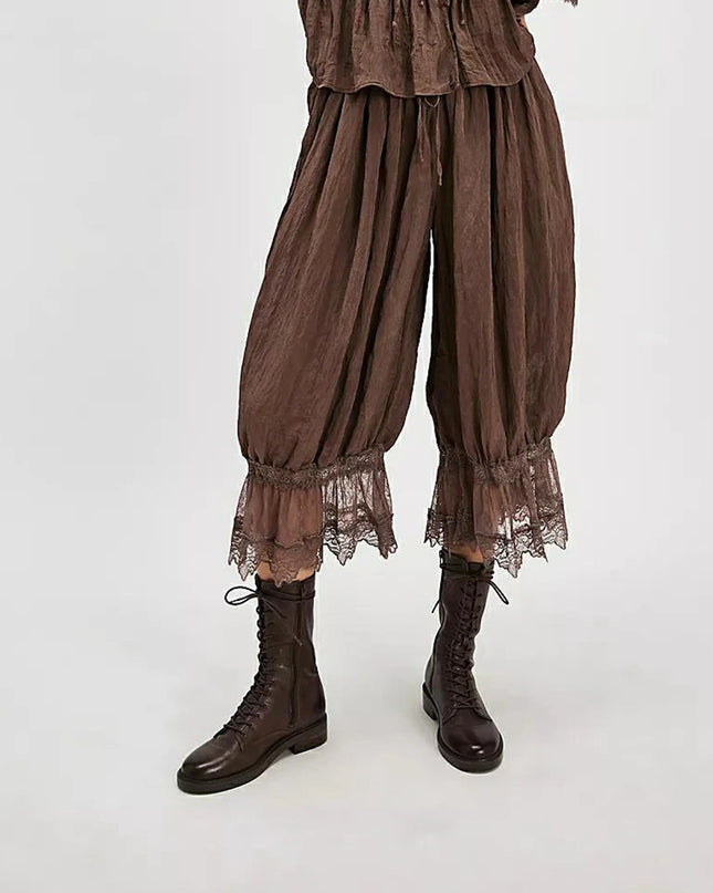 Women's Floral Lace Loose Fit Cropped Pants - High Waist Drawstring Calf-Length Lantern Bloomers