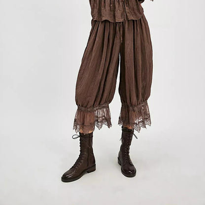 Women's Floral Lace Loose Fit Cropped Pants - High Waist Drawstring Calf-Length Lantern Bloomers