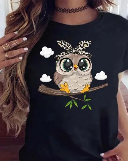 Owl Printed Graphic Tee for Women - Casual Short Sleeve Kawaii T-Shirt