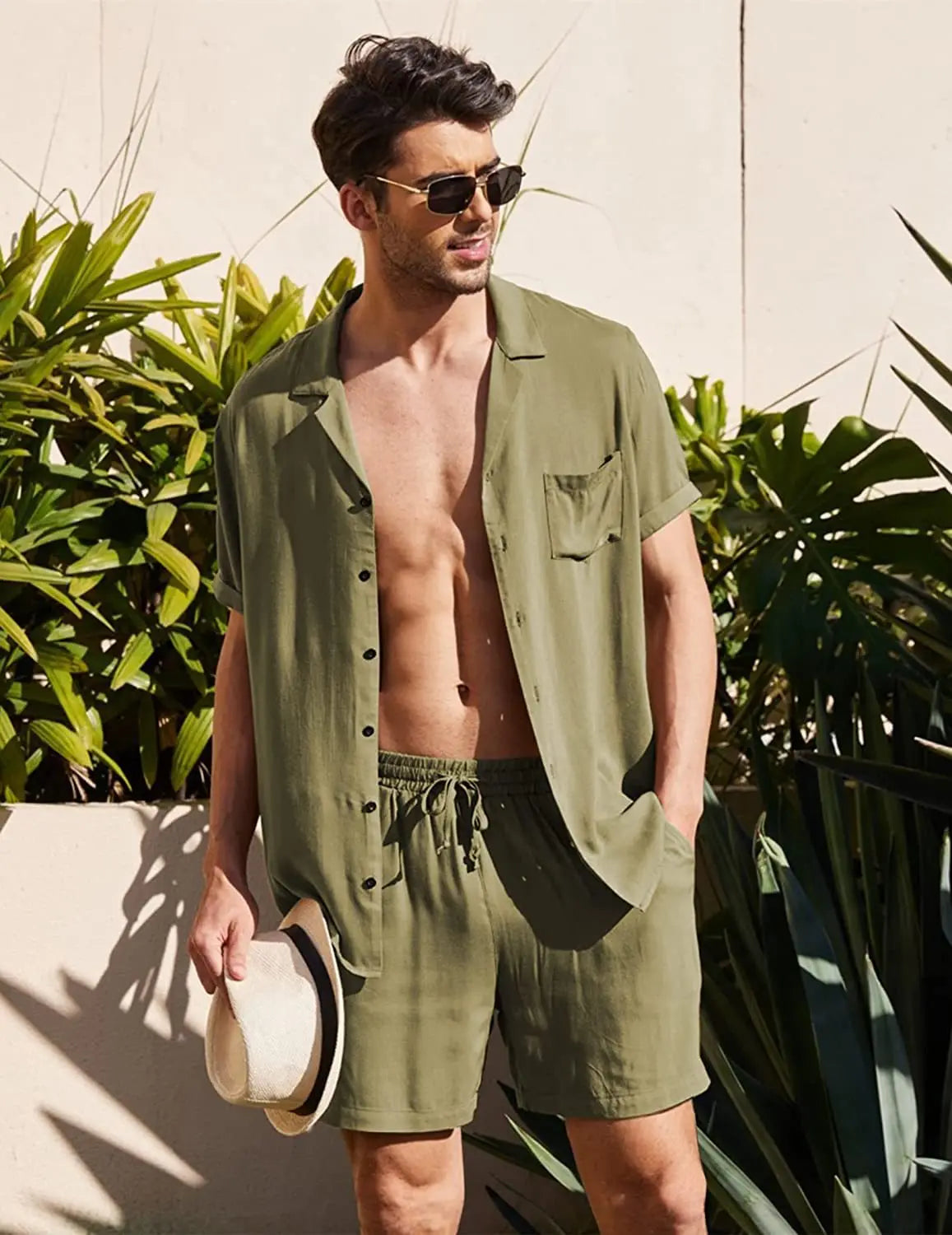 Men's Cotton Two-Piece Shirt and Shorts Set
