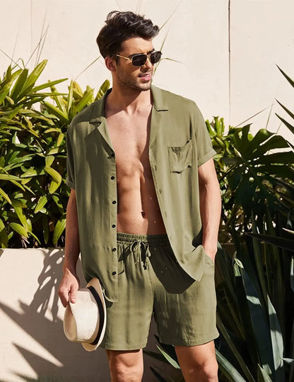 Men's Cotton Two-Piece Shirt and Shorts Set