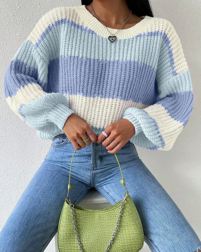 Women's Multicolor Layered Ribbed Knit Sweater in Blue