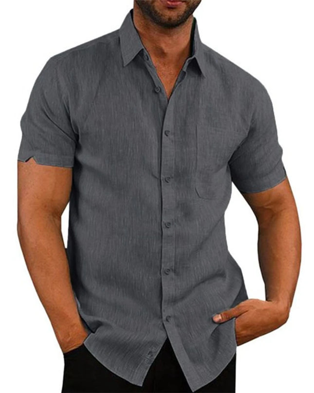 Casual Men's Short-Sleeved Cotton Linen Shirt with Turn-down Collar