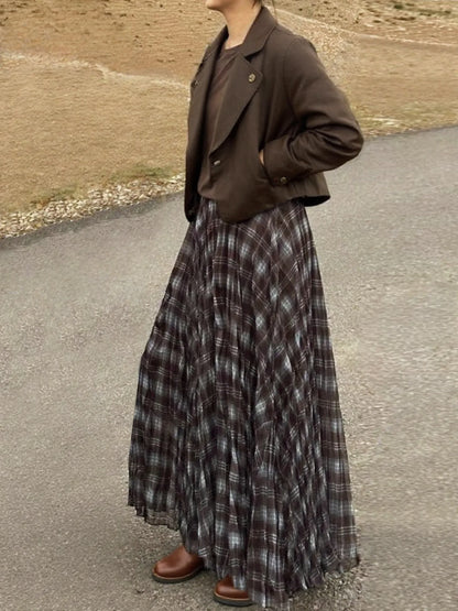 High-Waisted Mesh Splicing Plaid Midi Skirt for Women - Drape, Pleated, Loose Fit
