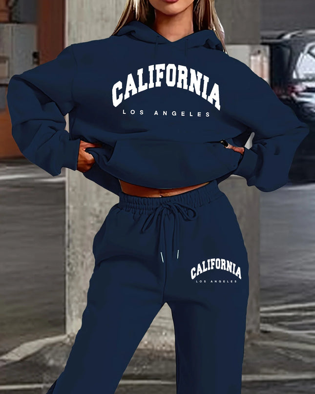 Women's Casual California Los Angeles Letter Print Hoodie and Drawstring Jogger Set
