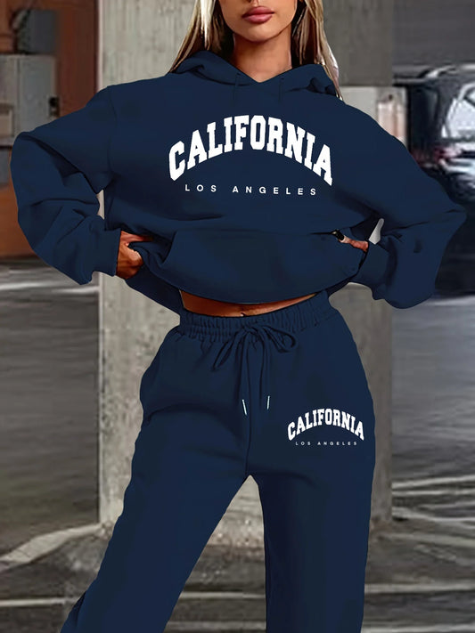 Women's Casual California Los Angeles Letter Print Hoodie and Drawstring Jogger Set