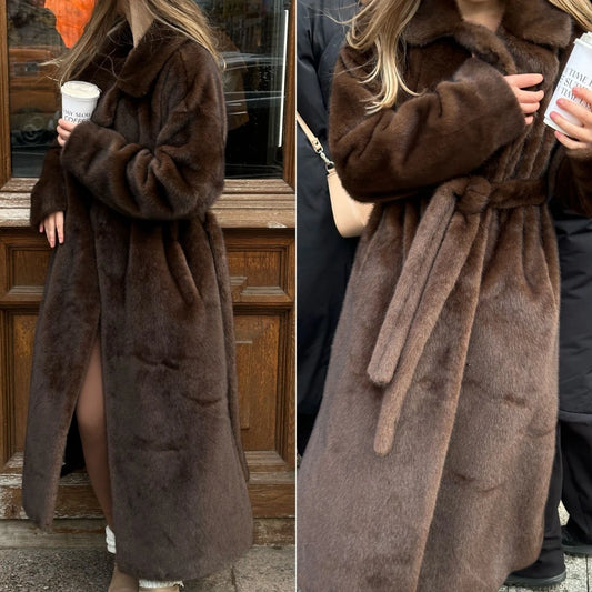 Women's Long Faux Fur Coat - Maxi Overcoat with Lace-Up Turn-Down Collar