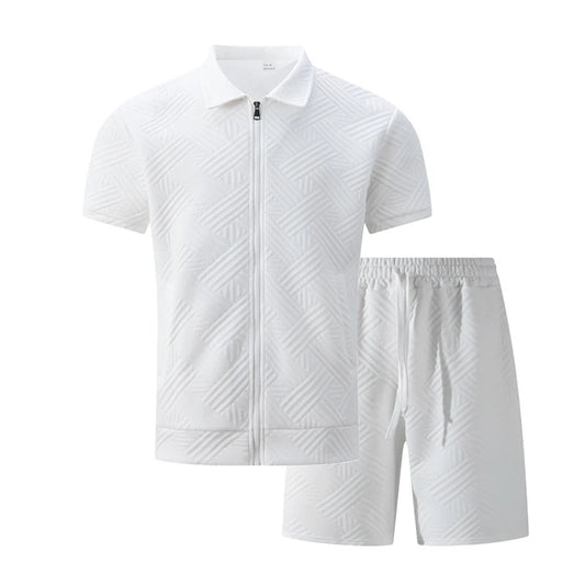 Men's Two-Piece Jacquard Short Sleeve Polo Shirt and Shorts Set