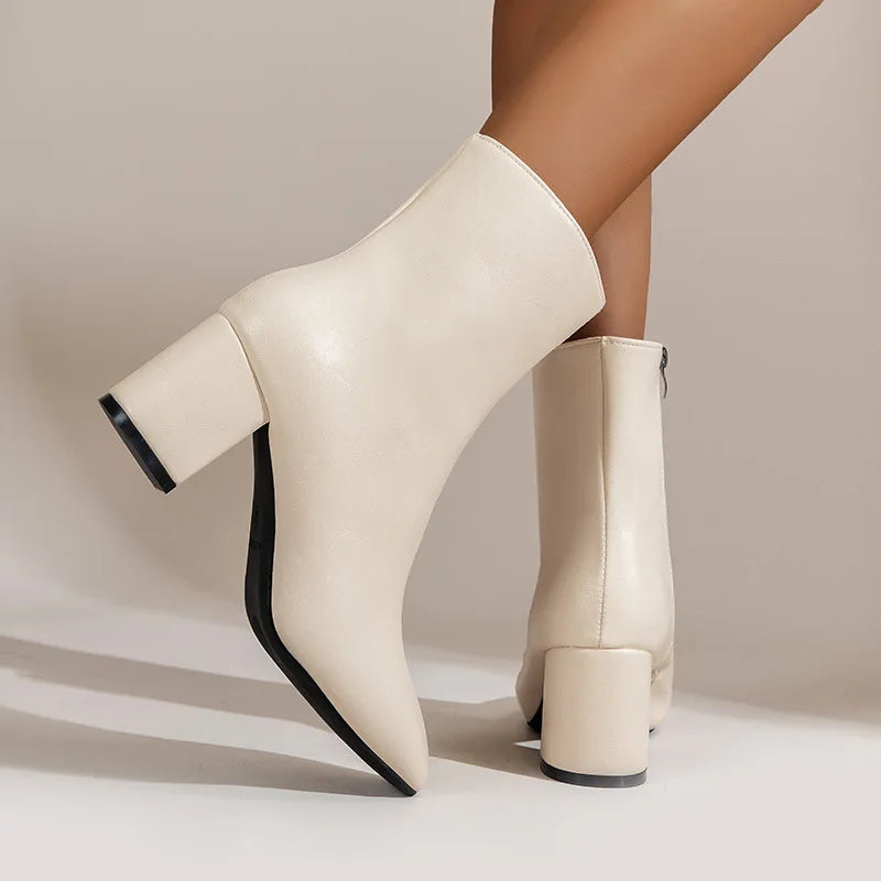 Women's Stretch Ankle Boots with Side Zipper and Mid Heel