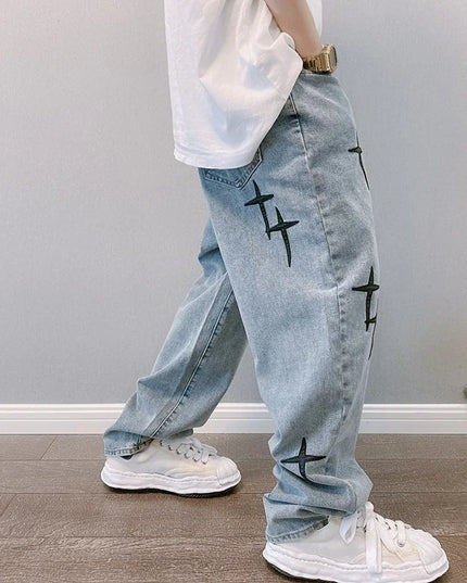 Men's Korean Style Printed Baggy Wide Leg Jeans - Casual Loose Fit Denim with Draped Design