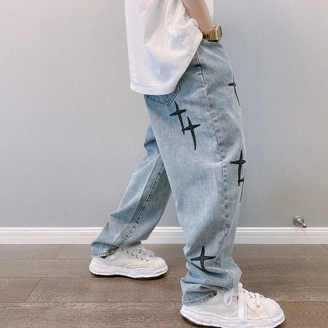 Men's Korean Style Printed Baggy Wide Leg Jeans - Casual Loose Fit Denim with Draped Design