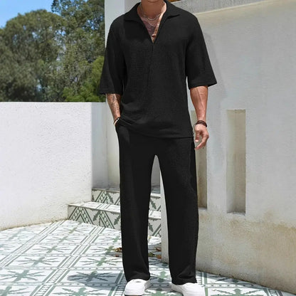 Men's Two-Piece Classic Shirt and Loose-Fit Pants Set.