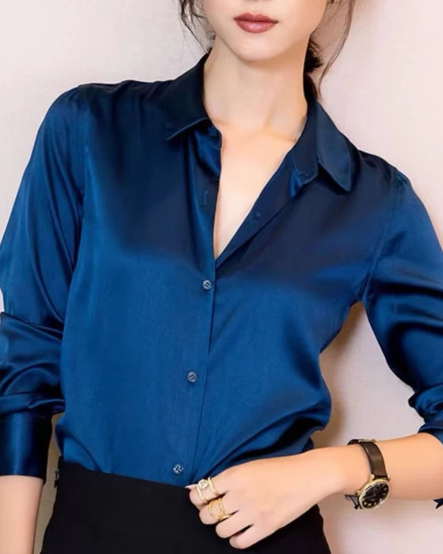 Elegant Satin Women's Blouse with Long Sleeves and Turn-down Collar